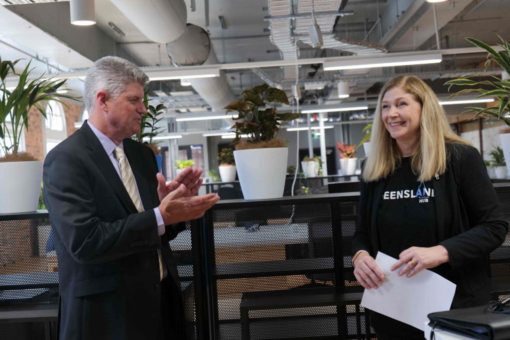 Queensland AI Hub CEO, Sue Keay speaking with the Hon. Stirling Hinchliffe Minister for Tourism Industry Development and Innovation and Minister for Sport